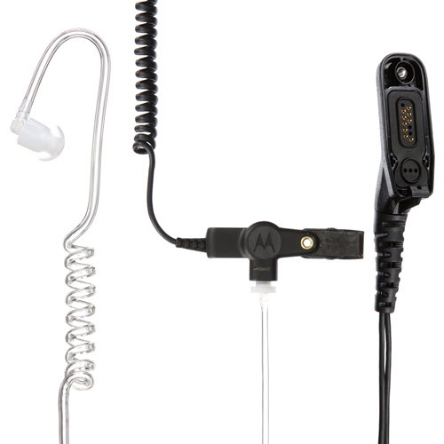 Schwarz-transparenter Ohrhörer mit Spiralkabel und Stecker.