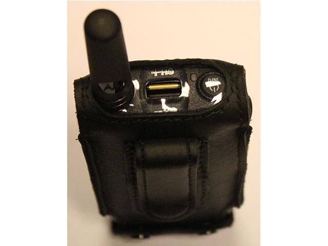Two-way radio in black leather case viewed from above.
