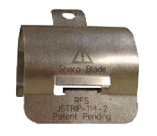 7000-00662100_rfs_01.png Metallvorrichtung mit Vorsprung und Warnung vor scharfer Klinge.