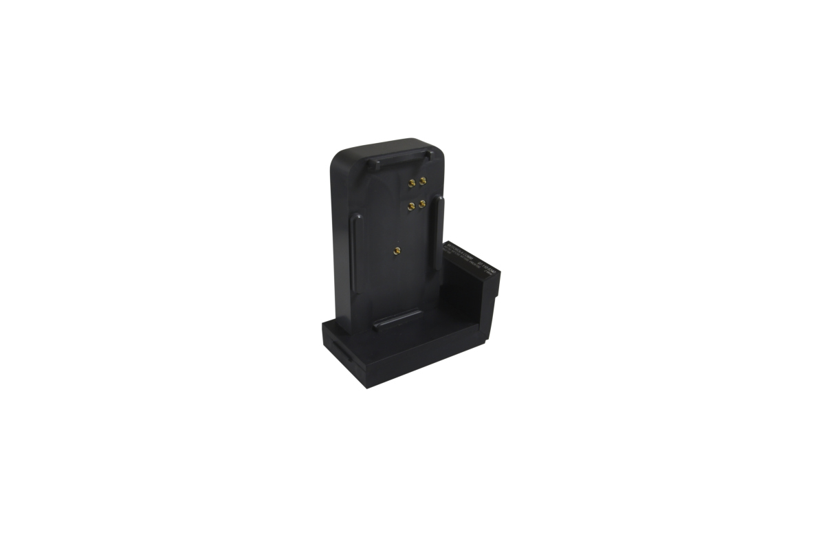 Black charging dock with gold connectors.