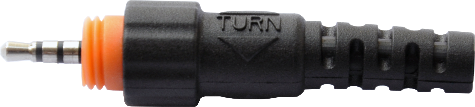 Schwarzer Audio-Stecker mit orangener Dichtung und Aufschrift TURN.