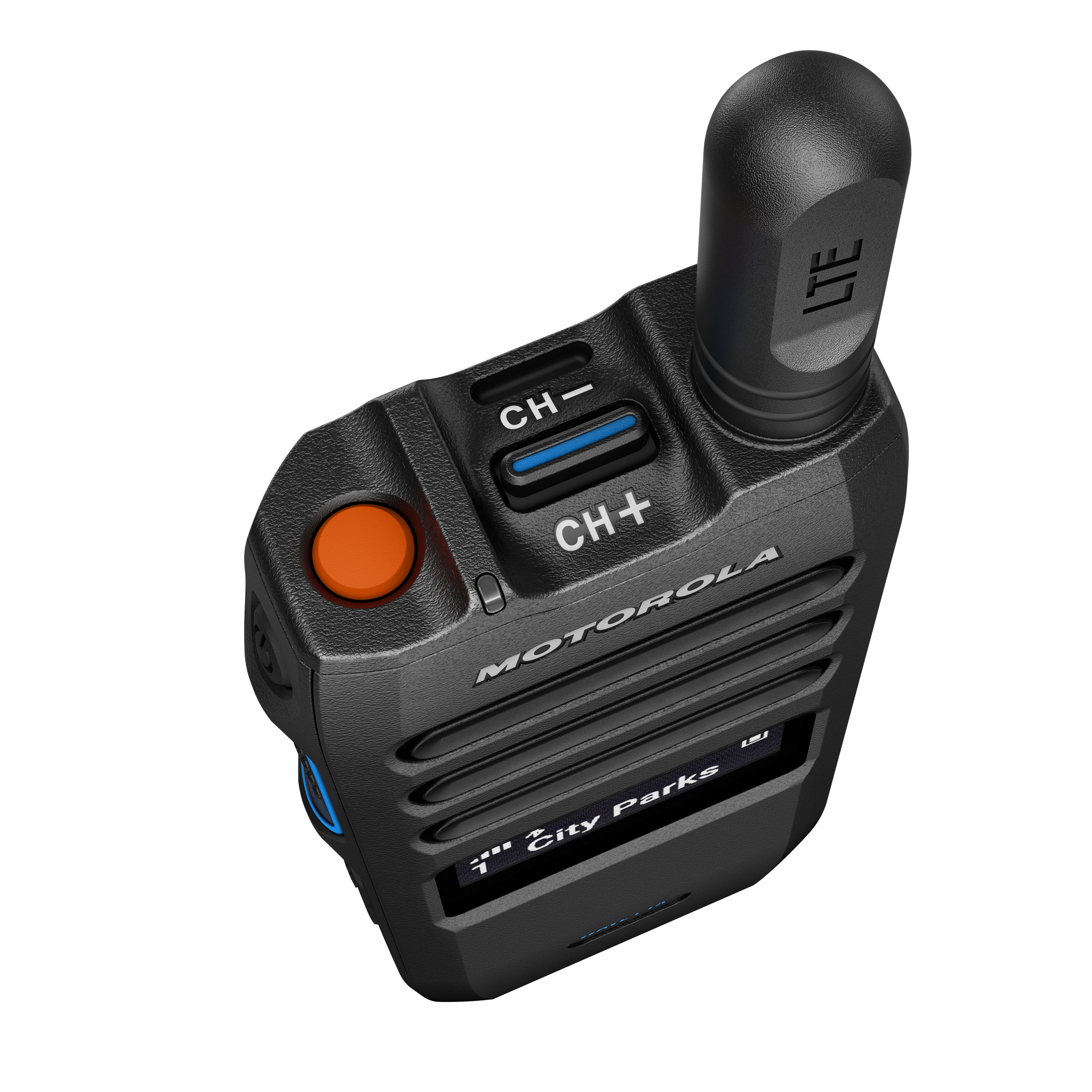 7000-00753535_mot_04.png Handsprechfunkgerät mit Antenne, Lautstärkeregler und Display.