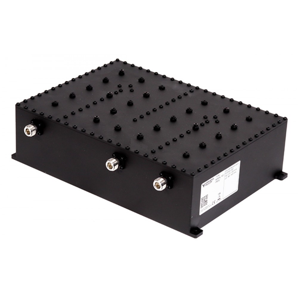 Black electronic device with three connectors and textured casing.