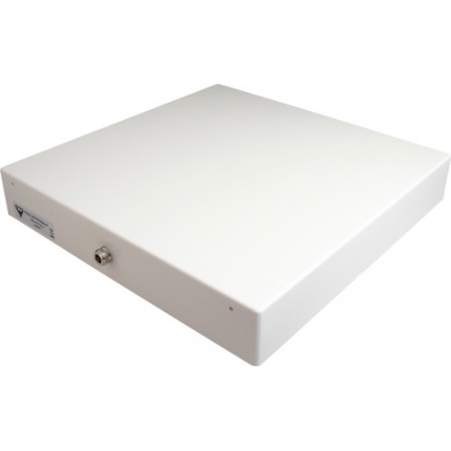 Square white antenna with connector on the side.