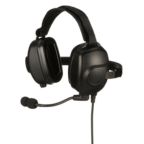 Black over-ear headset with microphone arm, thickly padded ear cups.