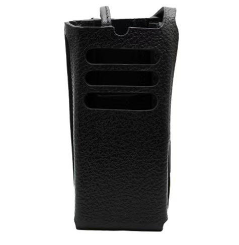 Black leather case with slots on the front.