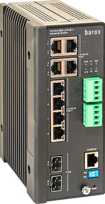 Network switch with 10 ports, including PoE ports, two green terminal blocks, and a console port.