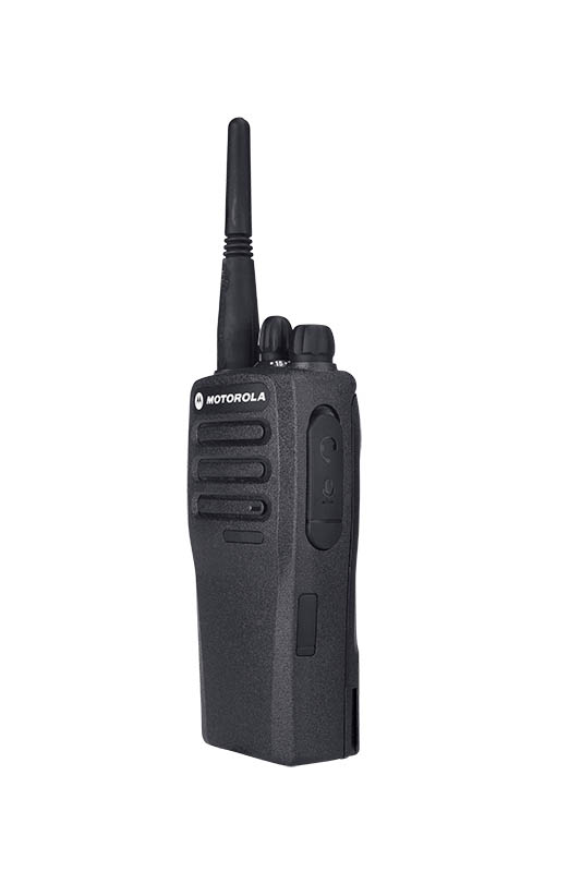 Schwarzes Walkie-Talkie mit Antenne, Knöpfen und Motorola-Logo.