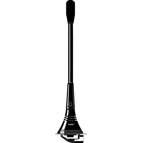 Black toilet plunger with long handle in profile.