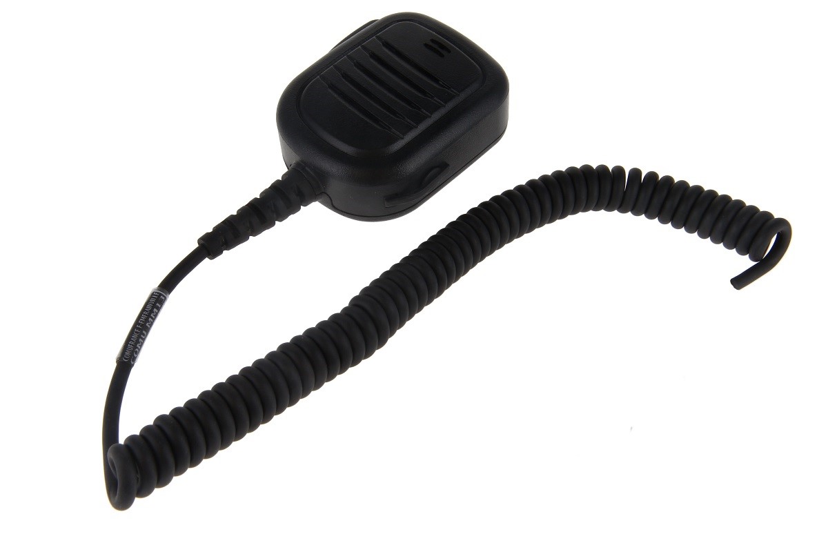 Black handheld microphone with coiled cable.