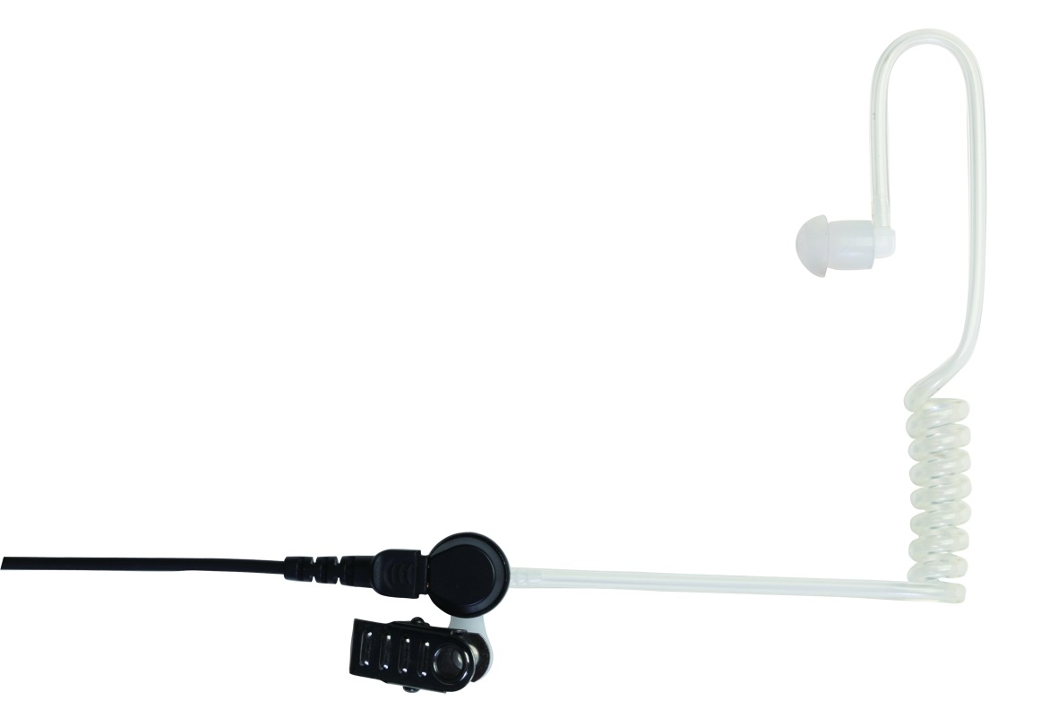 Akustikröhrchen mit Ohrstöpsel und Ansteckclip, spiralförmiges Kabel.