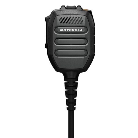 Schwarzes Handfunkmikrofon mit Kabel, Markenname sichtbar.