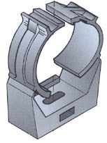 Gray plastic pipe clamp part with teeth, open.