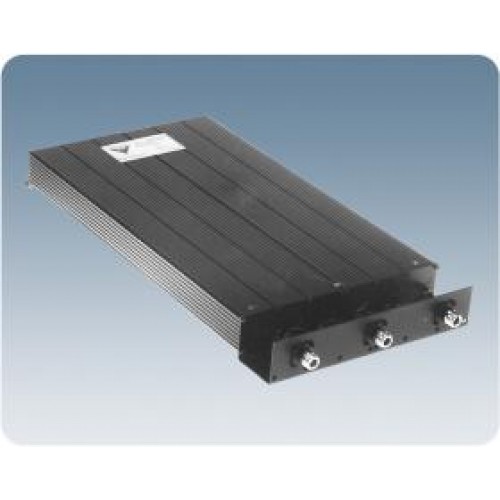 Black rectangular electronic device with three connectors on a gray background.