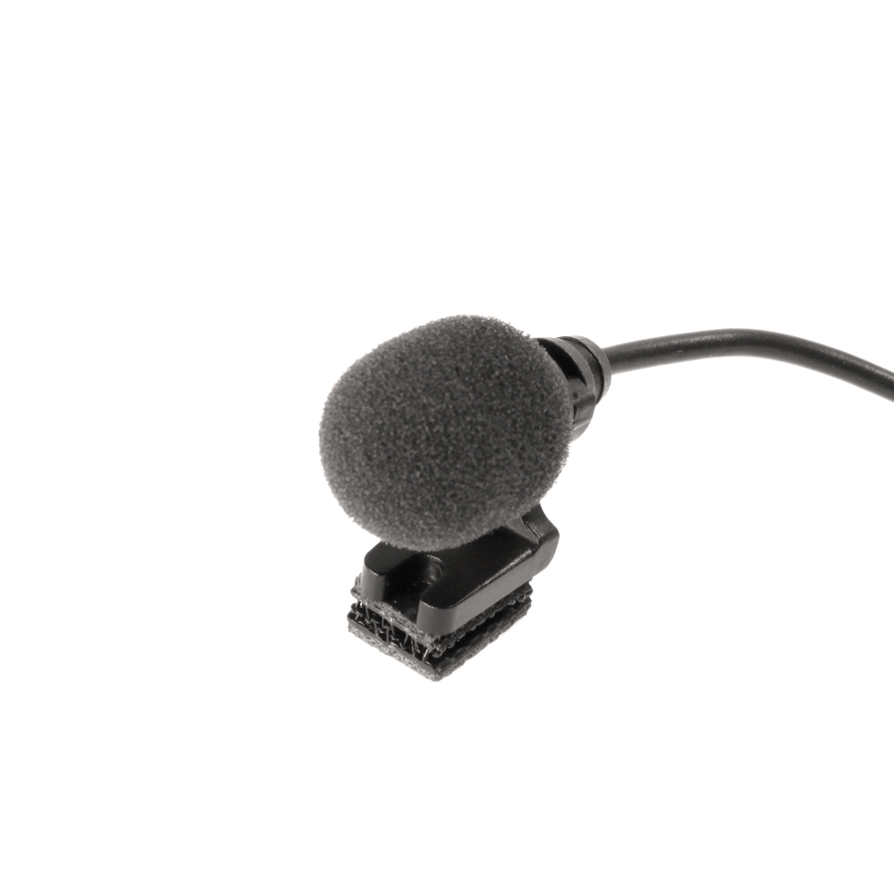 Black lavalier microphone with foam cover and cable.