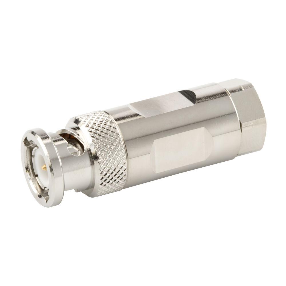 Metall-BNC-Stecker, zylindrisch, mit Rändelung und Gewinde.