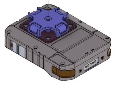 Graues elektronisches Gerät mit blauem Anschluss oben und Steckverbindern an der Seite.