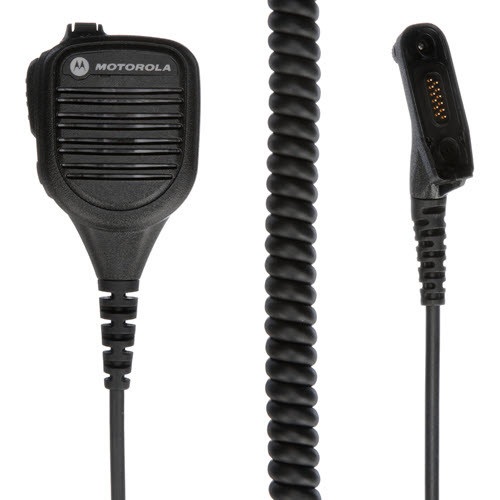Schwarzes Mikrofon mit Spiralkabel und Anschlussstecker.