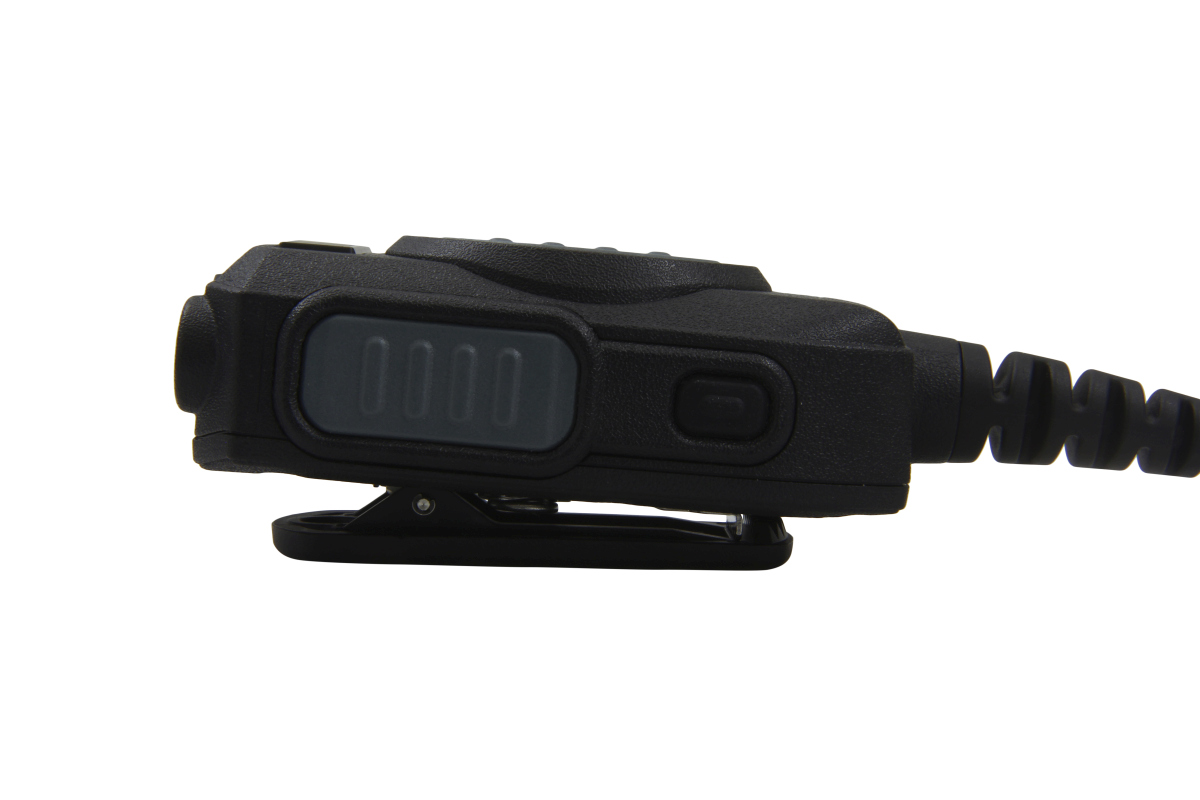 A black walkie-talkie microphone with clip and coiled cable.