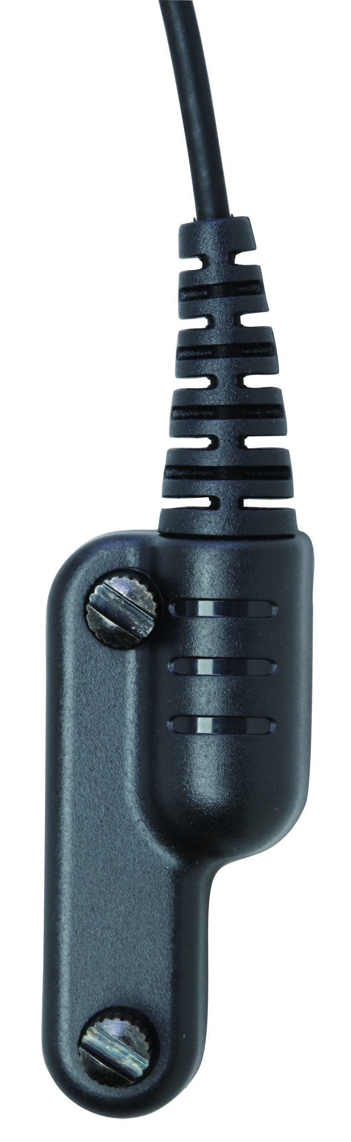 Black connector with two screws and cable.