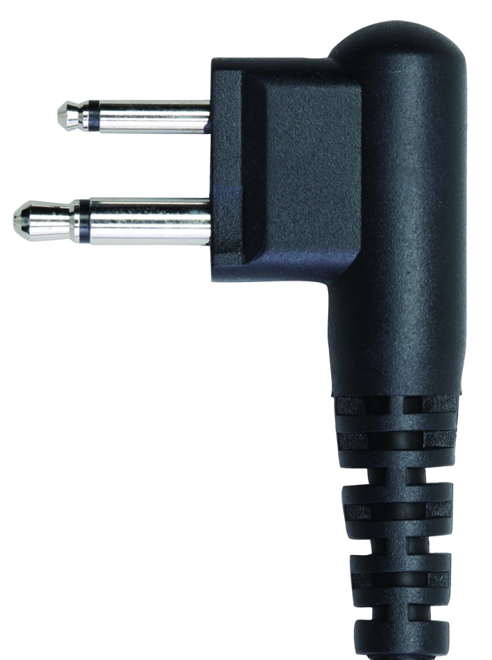 Double plug with two metal contacts and a black curved plastic handle.