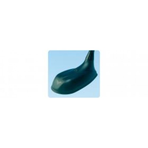 Dark blue shoe with flat heel on blue background.