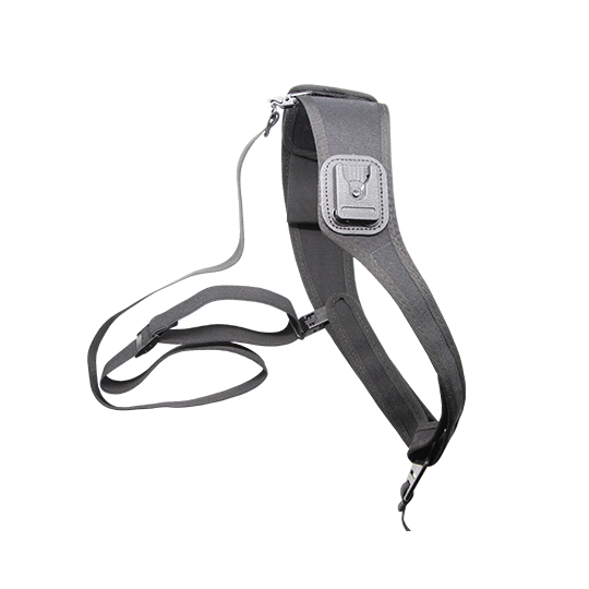 Black camera strap with buckle and adjustment mechanism.