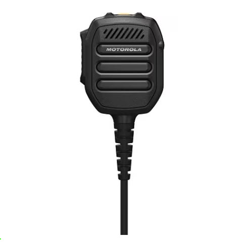 Schwarzes Handmikrofon mit drei Tasten und Kabel.