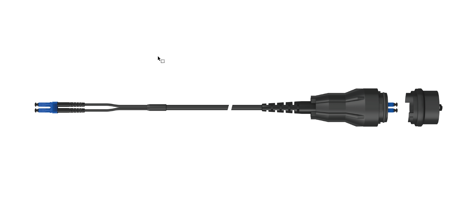 7000_00754401_HS_01.png Schwarzes Kabel mit blauem Stecker und Bajonettverschluss, seitlich abgebildet.