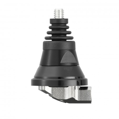 Black metal and plastic component, conical shape with threaded pin.