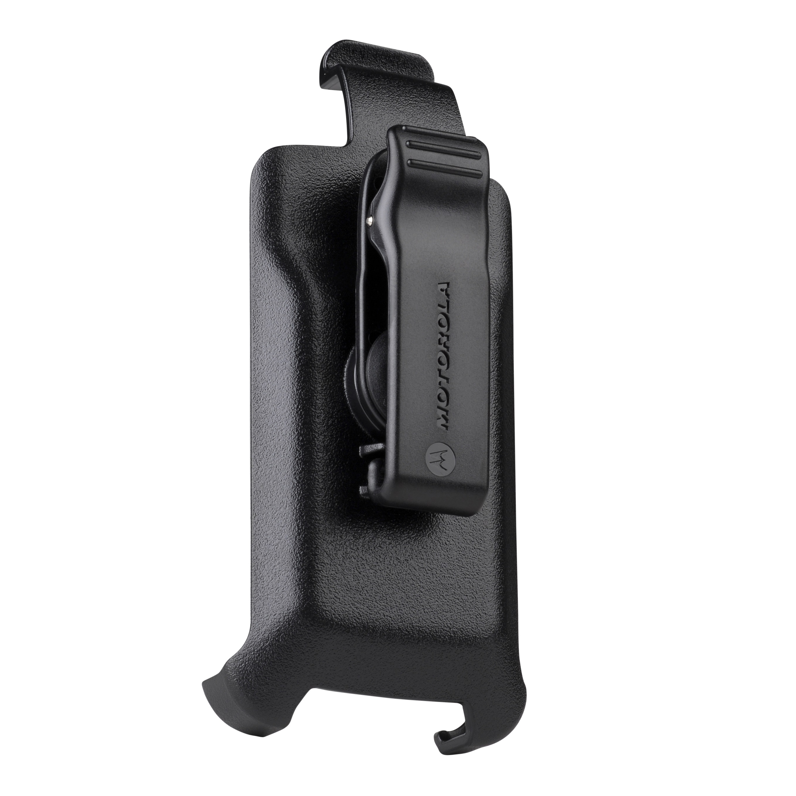Black belt clip for portable device with Motorola logo.