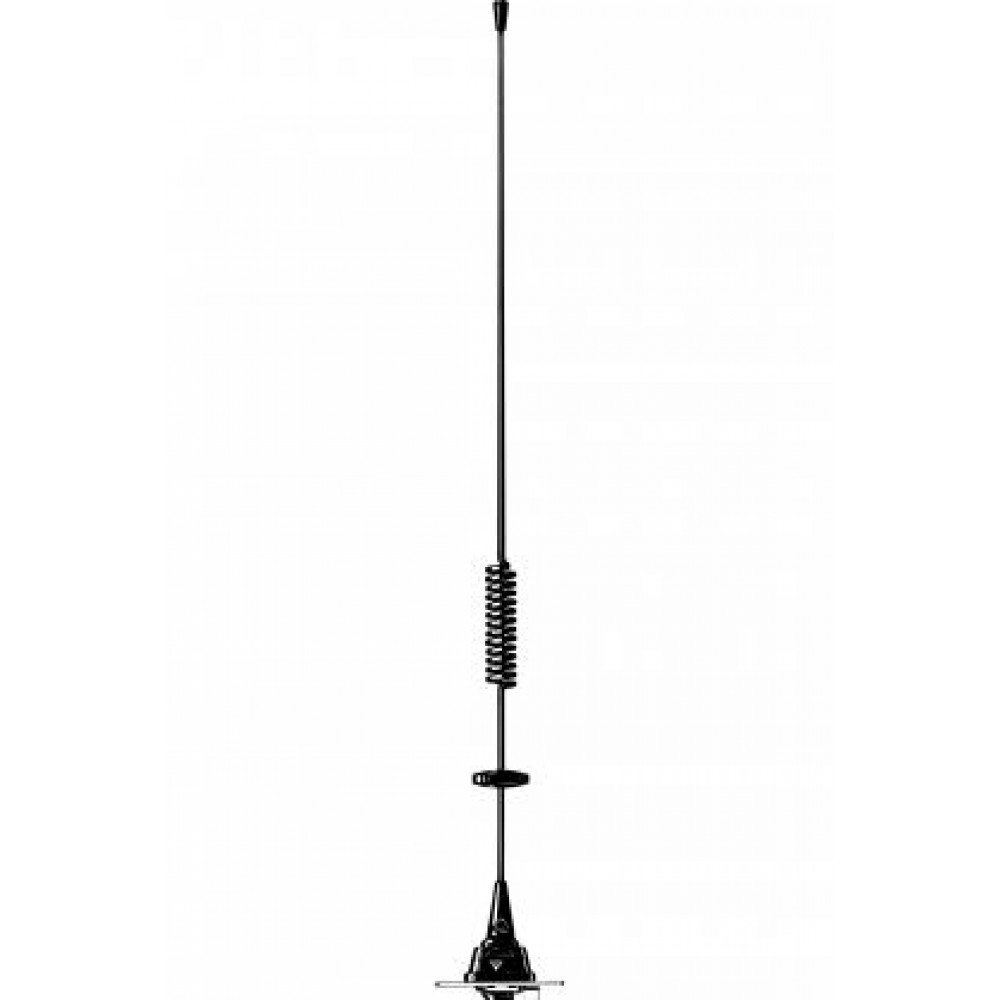 Black, vertical radio antenna with coil spring and magnetic base.