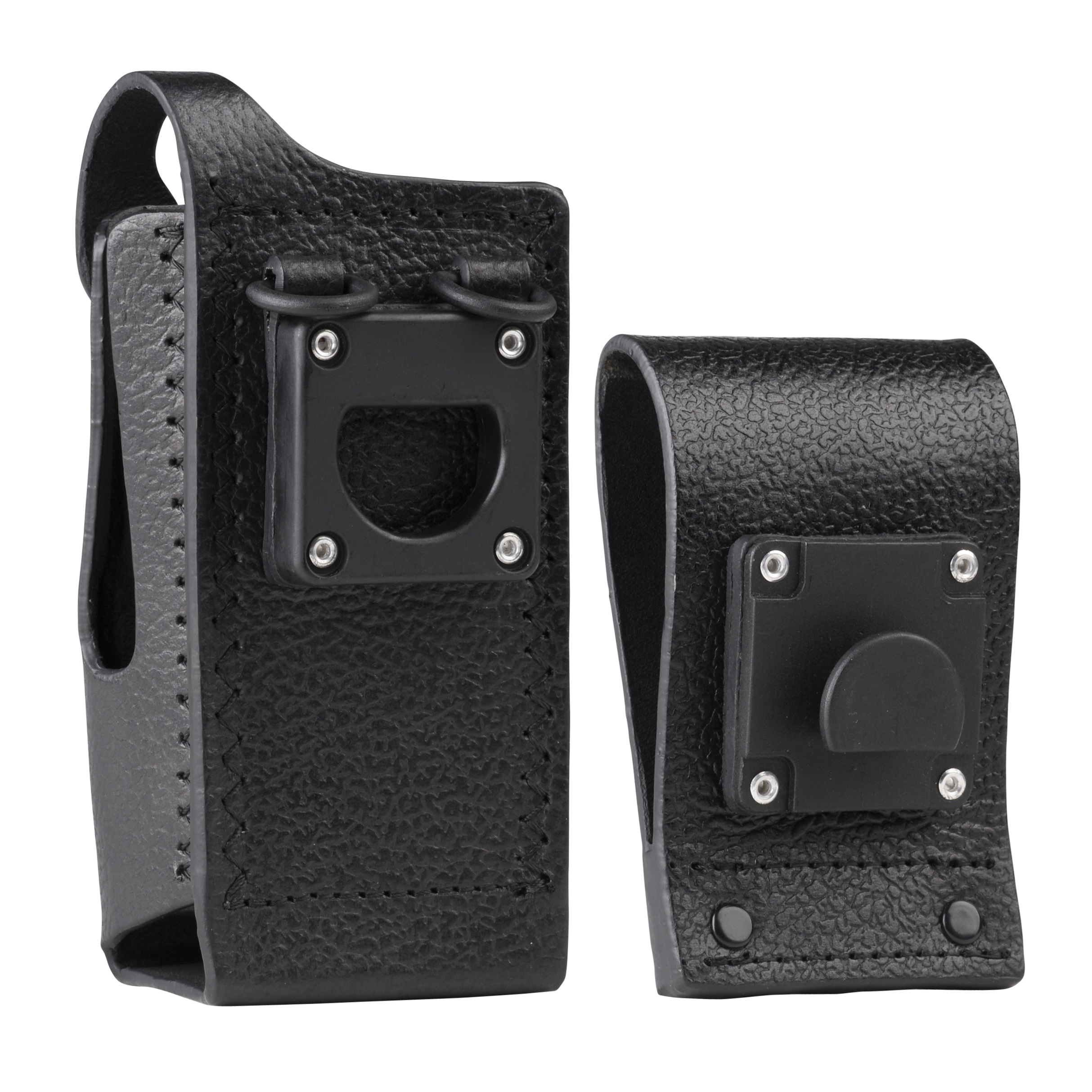 Two black leather holders with fastening elements.
