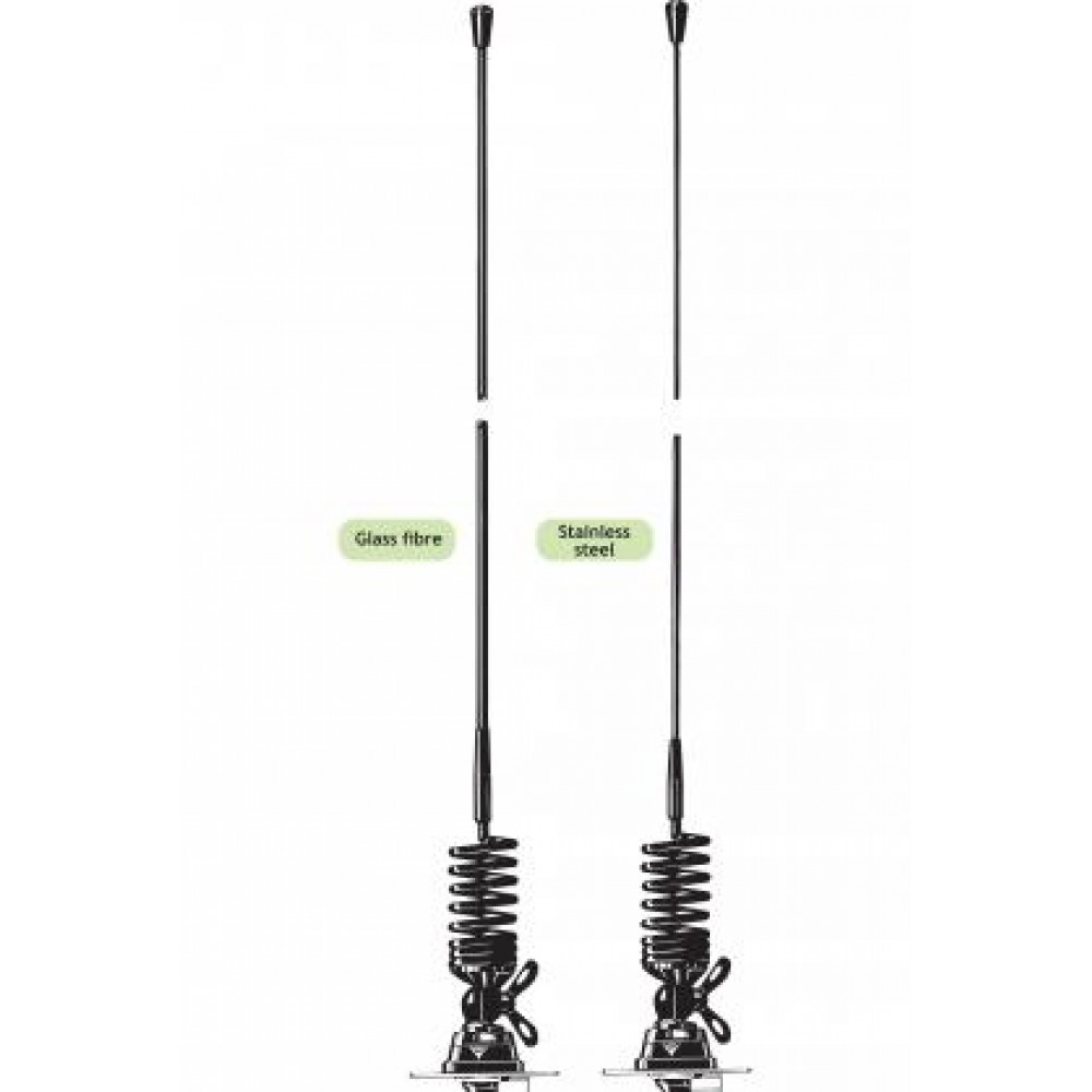 Two antennas with coil spring, left glass fiber, right stainless steel.