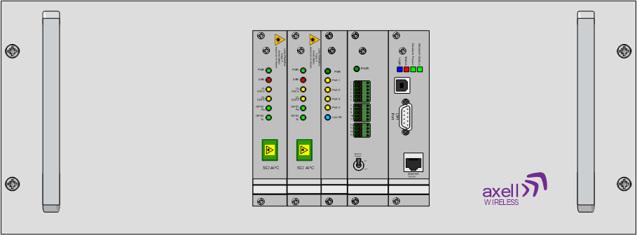 Technisches Bedienfeld mit LED-Anzeigen und Anschlüssen, axell wireless Logo.