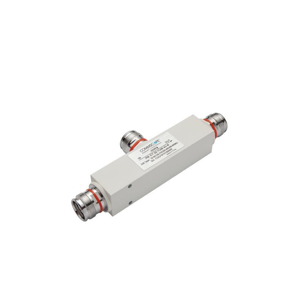RF power divider with N-type connectors and labeling.