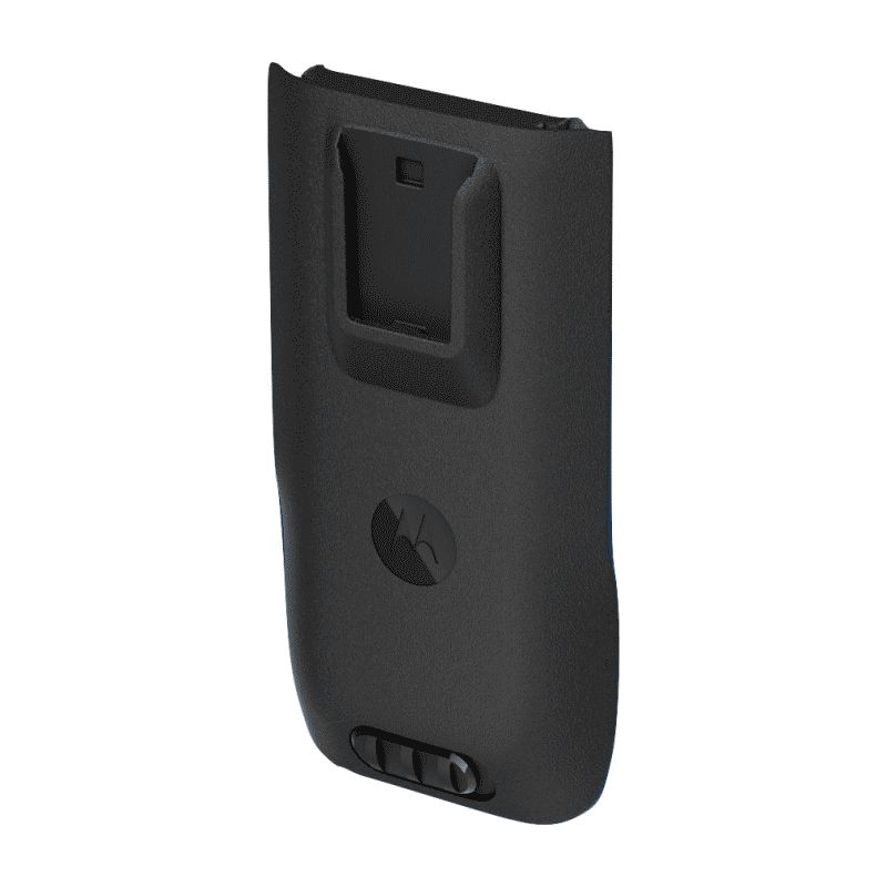 Black plastic battery with removable cover and rounded edges.