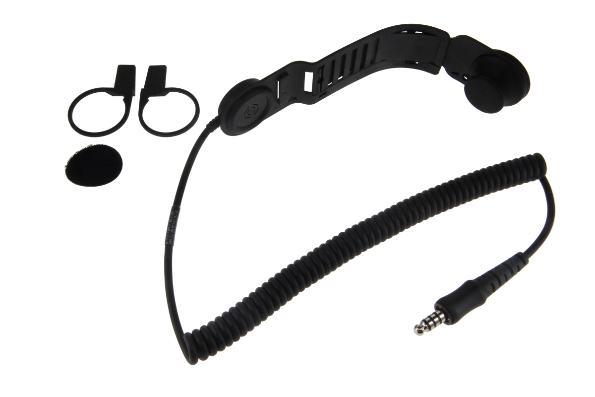 Schwarzes Nackenbügel-Headset mit Spiralkabel und Audioanschluss.