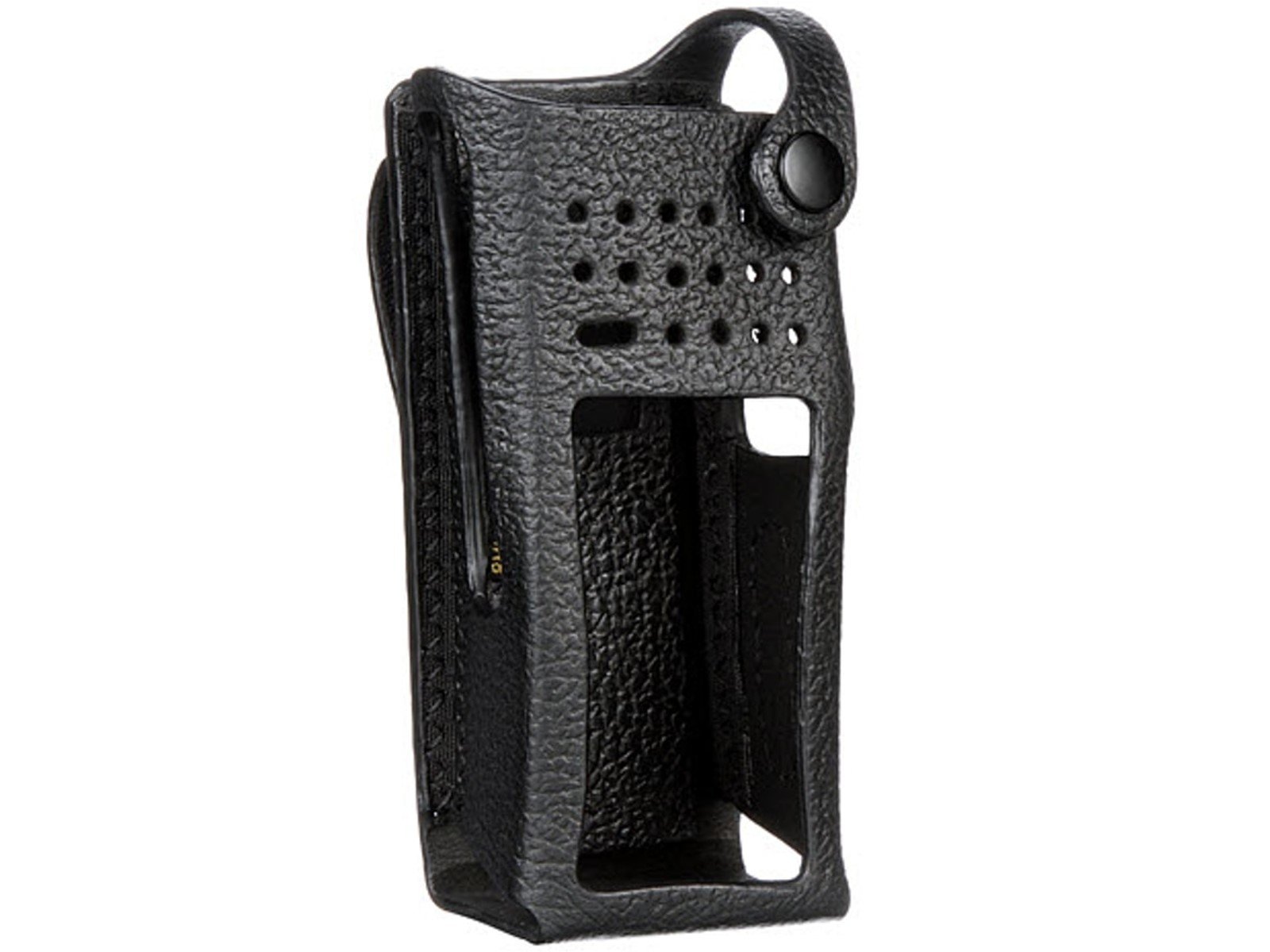 Schwarze Ledertasche mit Aussparungen für elektronisches Gerät.