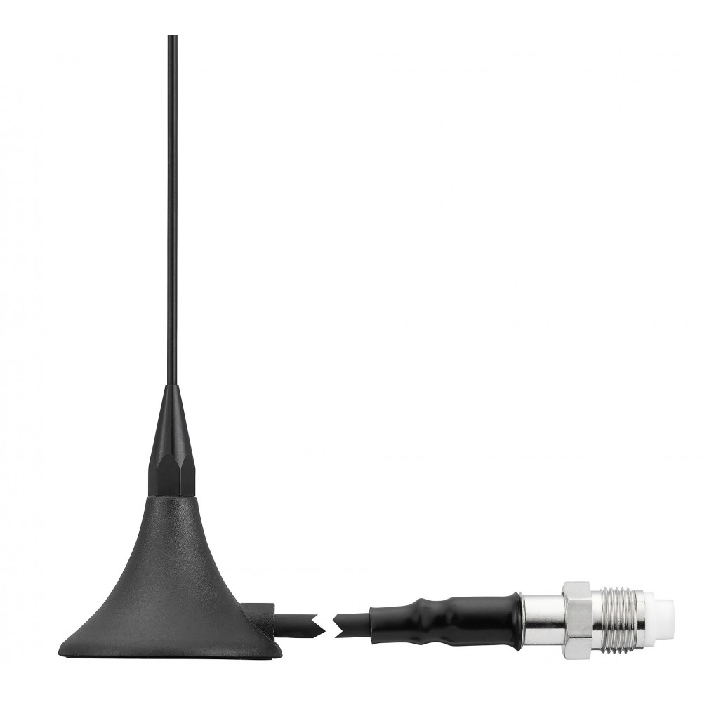 Black rod antenna with round base, cable, and silver connector.