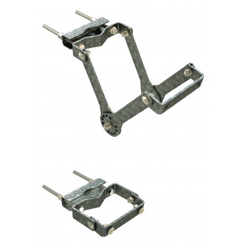 Zwei Metallhalterungen mit verstellbaren Armen und Schrauben, auf weißem Hintergrund.