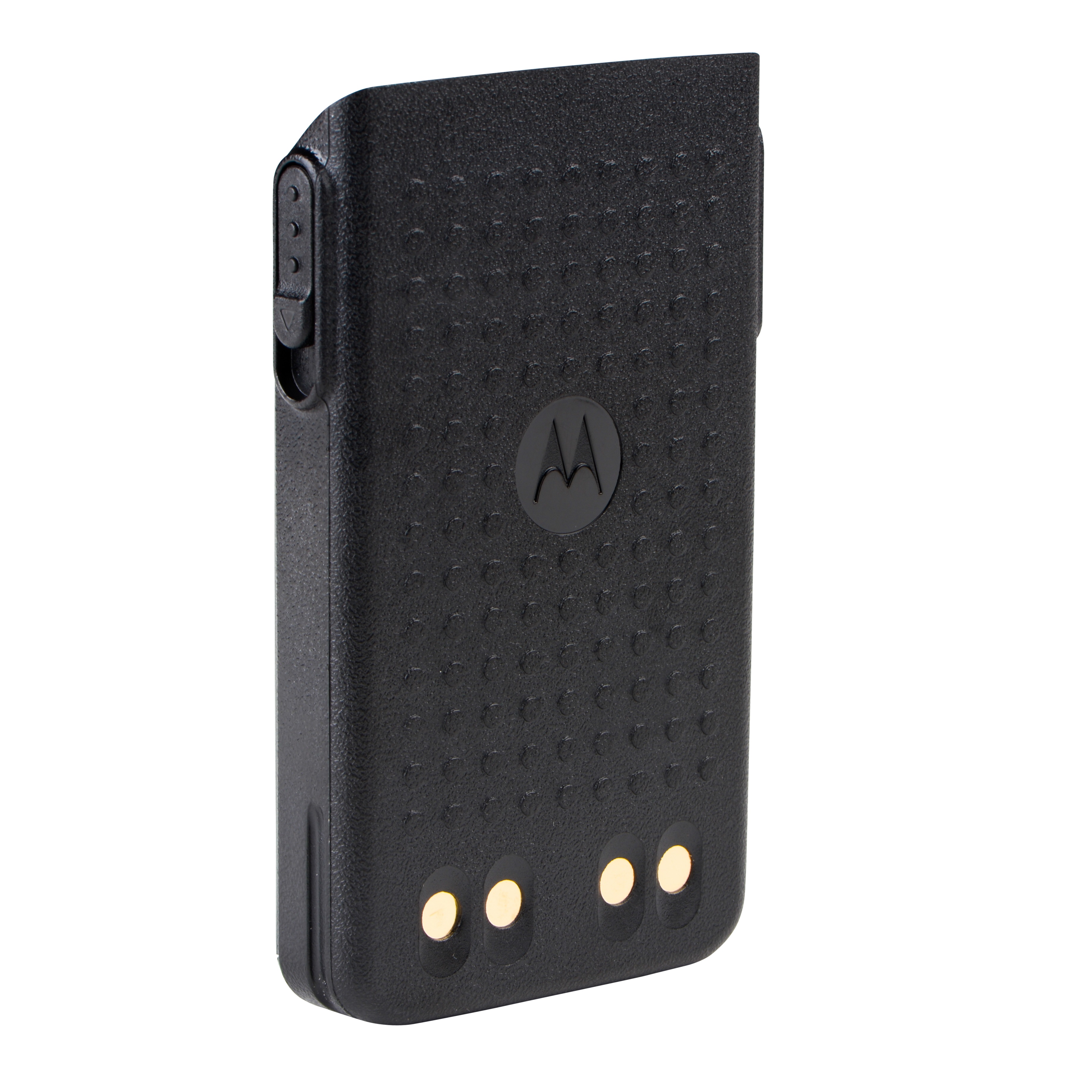 7000-00261500_mot_01.jpg Schwarzer Funkgerät-Akku mit Textur und goldenen Kontakten.