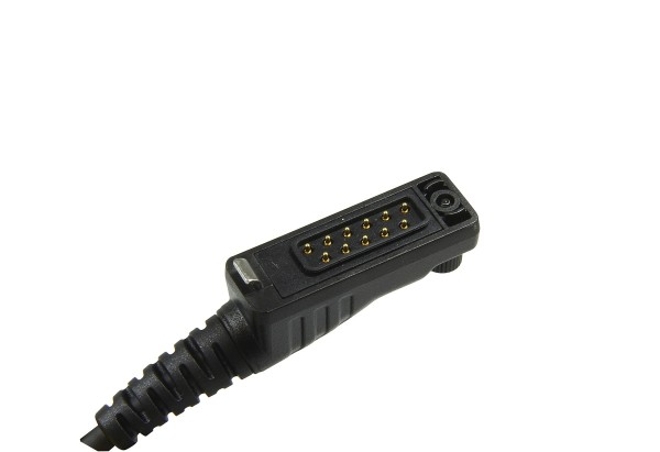Black electrical connector with metal pins.