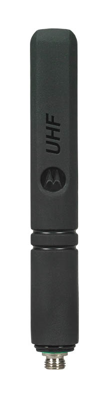 Schwarze UHF-Antenne mit Logo und Schraubgewinde unten.