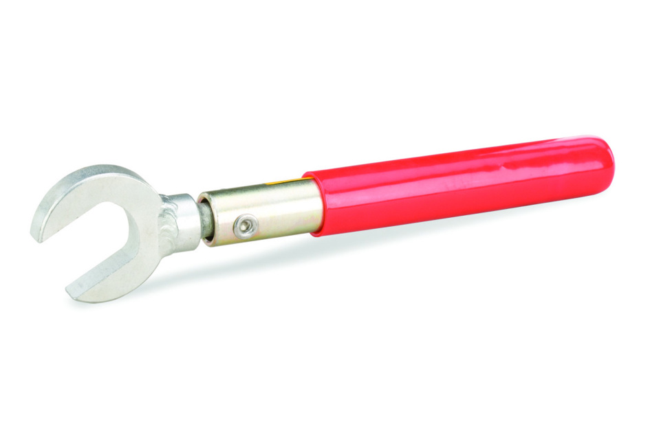 Pipe wrench with red handle and open jaw.
