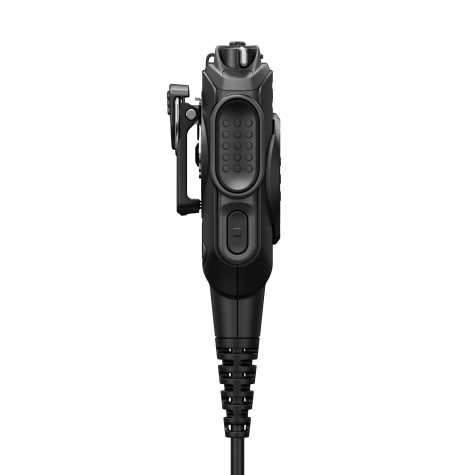 Black handheld microphone, textured grip, cable connection at bottom.