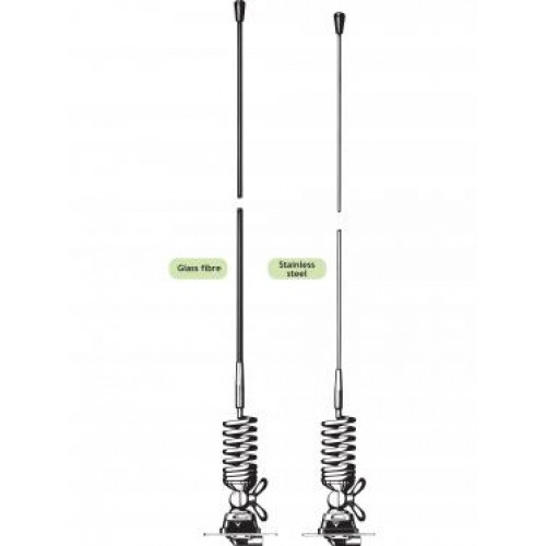 Zwei Antennen im Vergleich: Glasfaser links, Edelstahl rechts mit Spiralbasis.