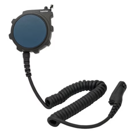 Round blue push-to-talk microphone with coiled cable; ends in a 3.5 mm plug.