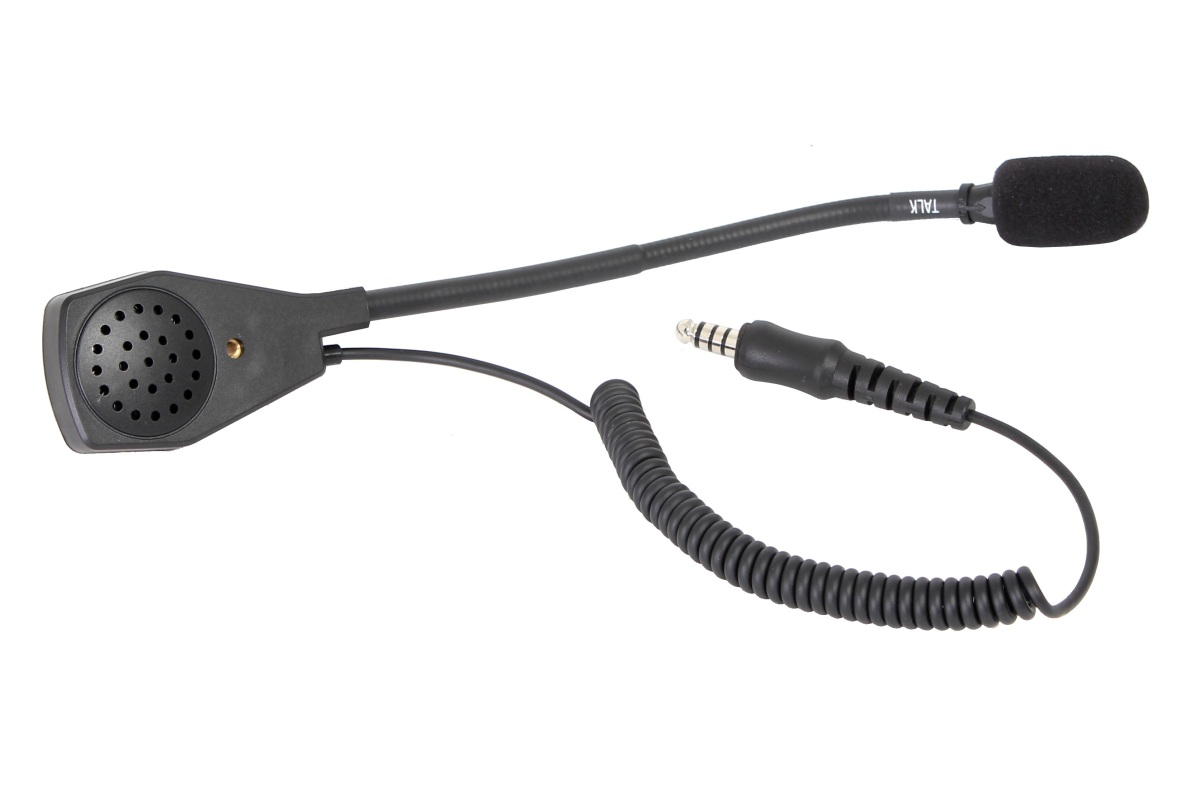 Schwarzes Headset-Mikrofon mit 3,5-mm-Klinkenstecker und flexiblem Mikrofonarm.