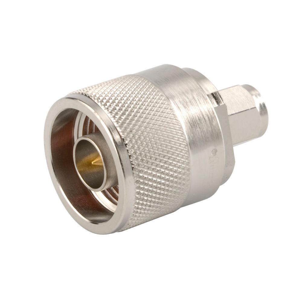 Metal RF connector with knurled surface and internal threading.